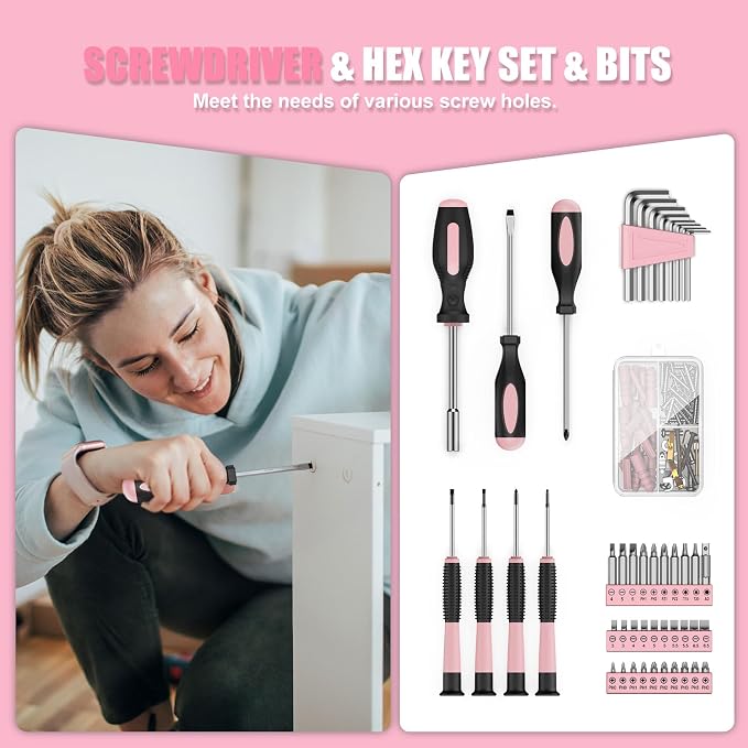 Sundpey 206PC Portable Basic Home Tool Kit Set with 12V Cordless Drill Pink