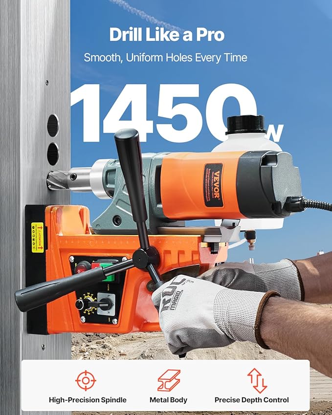 VEVOR Magnetic Drill, 1450W Motor 2 in Boring Diameter, 2878 lbf Portable Electric Mag Drill Press, with 6 Coring Bits, Variable Speed, Drilling Machine for Metal Surface, Home Improvement Industry