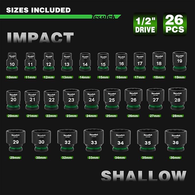 TecoTek 26 Pieces 1/2-Inch Drive Shallow 12-Point Metric Impact Socket Set, CR-MO, 10mm to 36mm, Stamped and Ink Filled Size Marking, Heavy Duty Storage Case