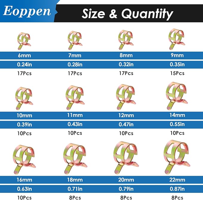 140Pcs 6-22mm Spring Band Hose Clamps Assortment Kit with Swivel Flat Band Fuel Hose Clamp Plier - 12 Sizes Fuel Line Silicone Vacuum Hose Low Pressure Air Clamps