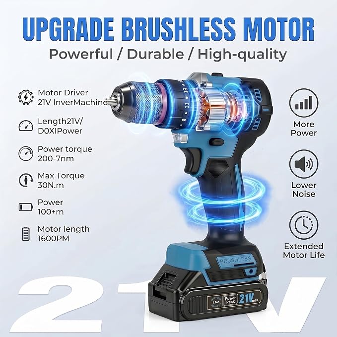 Brushless Cordless Drill Driver Kit, 575 In-Lbs Torque, 25+1 Clutch, 2-Speed Power Drill for Wood, Metal, DIY Home Repair & Furniture Assembly
