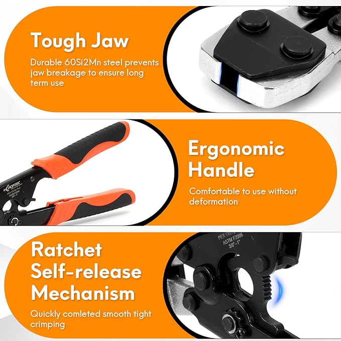 KF CPTEC PEX Clamp Tool for 1/2 inch and 3/4 inch PEX clamp rings - Pipe clamp crimping tools for 3/8 to 1 inch PEX cinch clamps, PEX clamp pliers