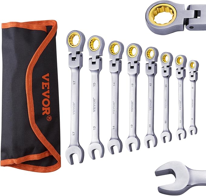 VEVOR Flex-Head Ratcheting Wrench Set, Nickel Plating, 8-piece Flexible Ratcheting Combination Wrench Set with Roll-up Pouch, CR-V, 72 Teeth, Metric 8-17mm