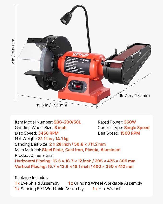 VEVOR 8" Bench Grinder & 2" x 28" Belt Sander Combo, 350W Professional Grinding Sanding Machine with LED Work Light & Protective Eye Shield for Metalworking, Woodworking, Knife Sharpening