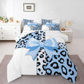 Feelyou Leopard Print Kids Comforter Set Queen Size Blue Leopard Bow Bedding Set Animal Fur Duvet Quilt for Kids Boys Girls Bedroom Decor Microfiber Ultra Soft Breathable