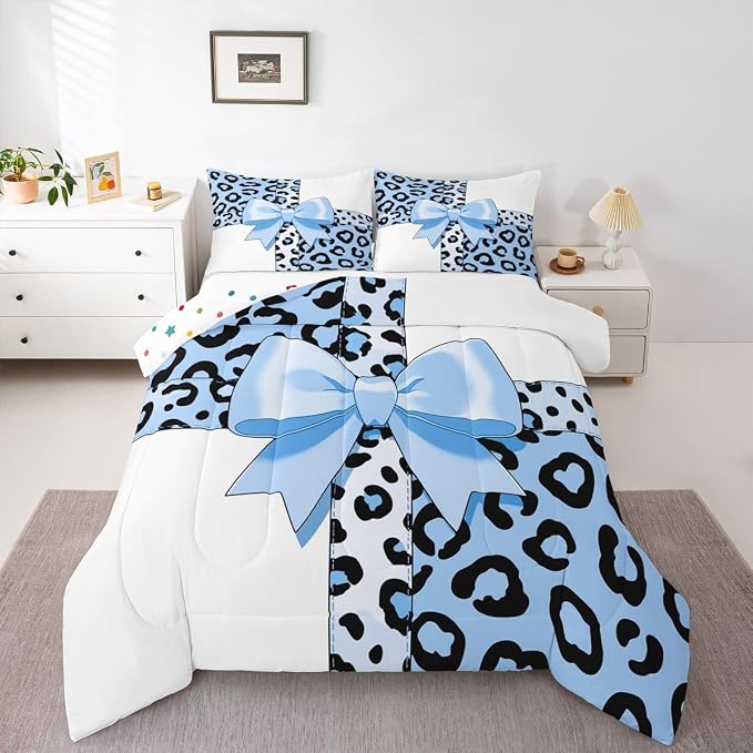 Feelyou Leopard Print Kids Comforter Set King Size Blue Leopard Bow Bedding Set Animal Fur Duvet Quilt for Kids Boys Girls Bedroom Decor Microfiber Ultra Soft Breathable