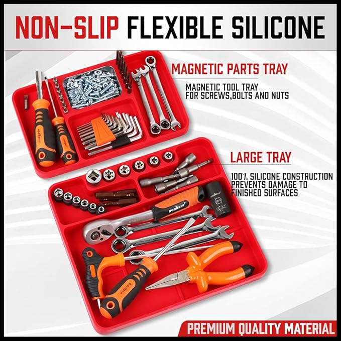 SEDY Premium Silicone Tool Tray, Automotive Non-Slip Flexible Silicone Tool Trays, Tool Organizer | 2 Piece Multi Purpose Mats with Magnetic Small parts Tray