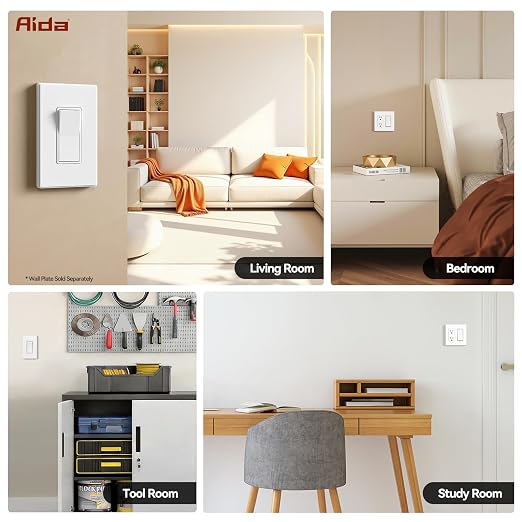 AIDA 3 Way Decorative Light Switch Wall Plate, Electric Switches,15Amp, 120/277 Volt, 3 Way Rocker Switch, Self-Grounding, Residential and Commercial Grade, UL Listed (50, Matte White)