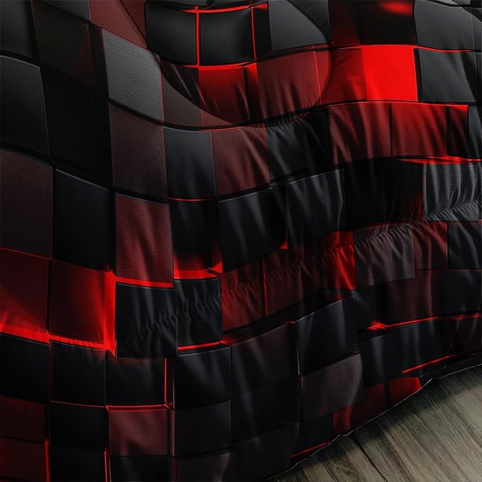 Nttopship Geometric Red Black Comforter Set,Light Honeycomb 3 Piece Bedding Set Full for Boys,Modern Bedding Set Microfiber Lightweight 1 Comforter 2 Pillowcases