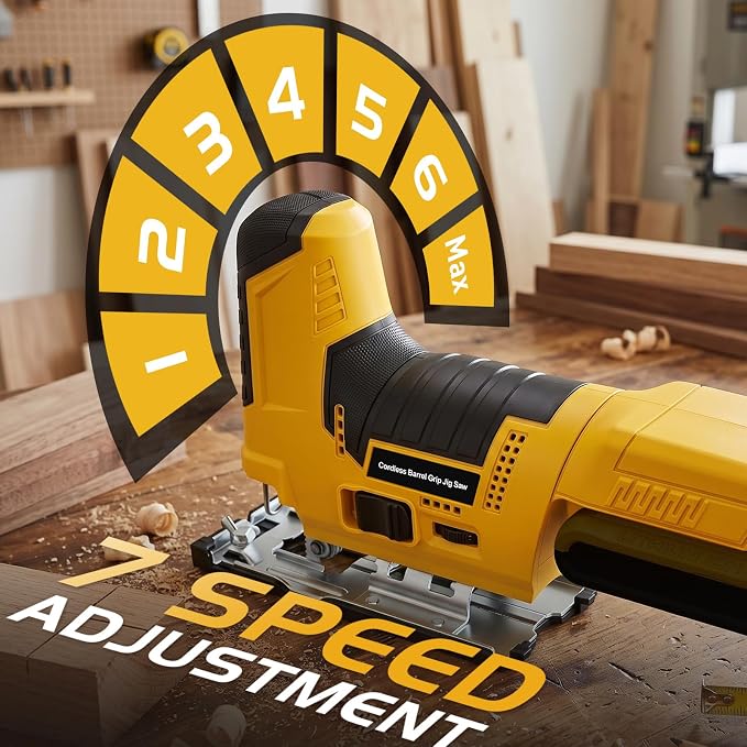 Jigsaw Cordless Compatible with DeWALT 20V MAX Battery, Barrel Grip Jig Saw Brushless, 7 Speed, 3 Orbital Settings, Vacuum Adapter, 45° Bevel Cutting, LED Light, Bare Tool for Wood, Plastic, Metal