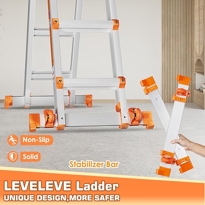 LEVELEVE Telescoping A Frame Ladder, 17FT Multi Position Ladder with Stabilizer Bar & Wheels,330 lbs Security Load for Stairs Home Indoor Outdoor Roof