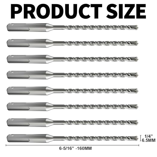 8PCS SDS Plus Rotary Hammer Drill Bits, 8pcs (1/4"*6"-6.5mm*160mm) - 4 Carbide Cutting Edges, Ideal for Masonry| Heavy-Duty Masonry |Hammer Drill Bits for Precision Drilling