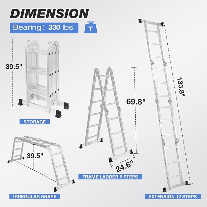 12.5FT Multi-Purpose Folding Ladder, 7 in 1 Aluminium Folding Ladder Collapsible Extension Ladders Adjustable Step Ladders with Large Joints for Home Roof RV Work Painting