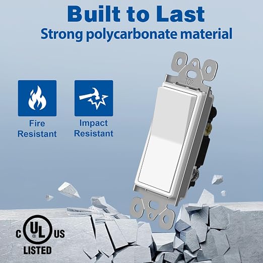 CML Single Pole Decorator Light Switch, 20 Pack Rocker Paddle Wall Switch, 15A 120/277V, On/Off Interrupter, UL Listed, White