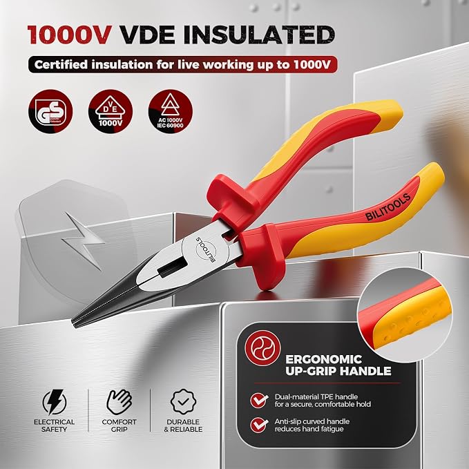 BILITOOLS 1000V Insulated Needle Nose Pliers, 6inch, Long Nose Pliers, Cr-V