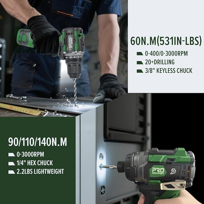 Prostormer Cordless Drill and Impact Driver Set, 17V Brushless Power Tool Kit Included 3/8” Drill & 1/4” Impact Driver with 2 Batteries, Charger, 23pcs Bits and Tool Case