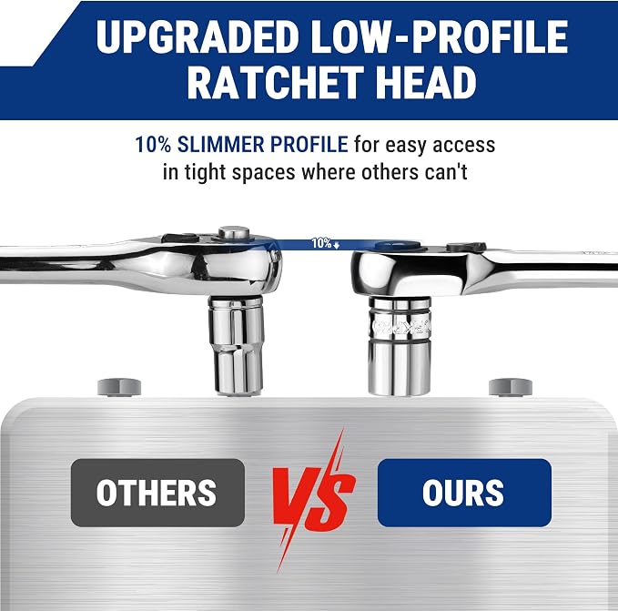 WORKPRO 3/8-Inch Drive Low-Profile Ratchet, 90-Tooth Ratchet Wrench | Quick-Release Socket Wrench for Men Women, Reversible, 4° Swing, CR-MO Compact Drive Head, Full Polished