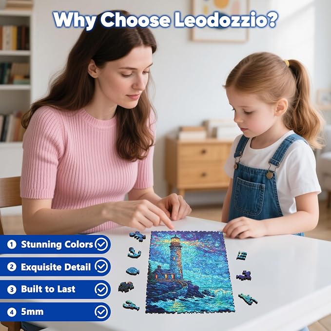 Leodozzio Lighthouse Wooden Jigsaw Puzzles 500 Pieces, Stained Glass Puzzle, 5MM Thick Unique Shaped Ocean Wooden Puzzle for Adults, Nautical Art Gift, Family Game, 12.2x16.1 Inch