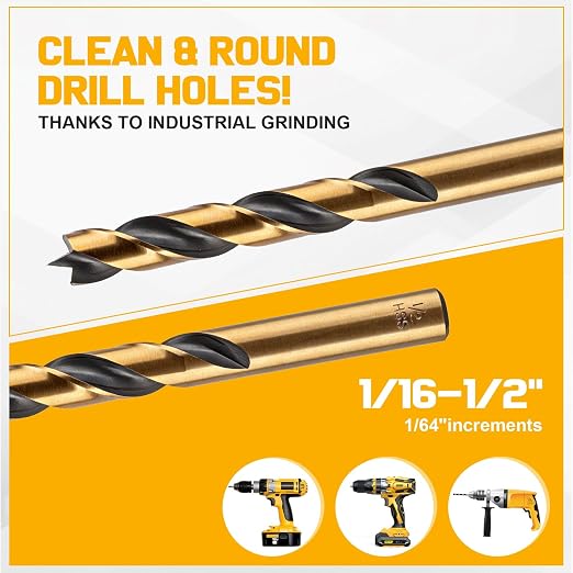 29Pcs Brad Point Drill Bit Set, Titanium Coated HSS Wood Drill Bits for Hardwood & Softwood, Full Ground with Self-Centering Tip (1/16-1/2 Inch, 1/64 Inch Increment) & Storage Case