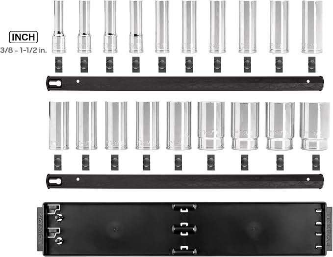 TEKTON 1/2 Inch Drive 6-Point Socket Set, 19-Piece | SHD92123 | (3/8 - 1-1/2 in.), Deep, Socket Rail