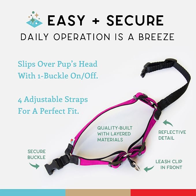No Pull Dog Harness | Comfortable Training Harnesses | Effective No Pull Harness Design | Ideal for Medium Sized Dog | 4-Point Adjustable(M - 22~28 inch Girth, Fuchsia)