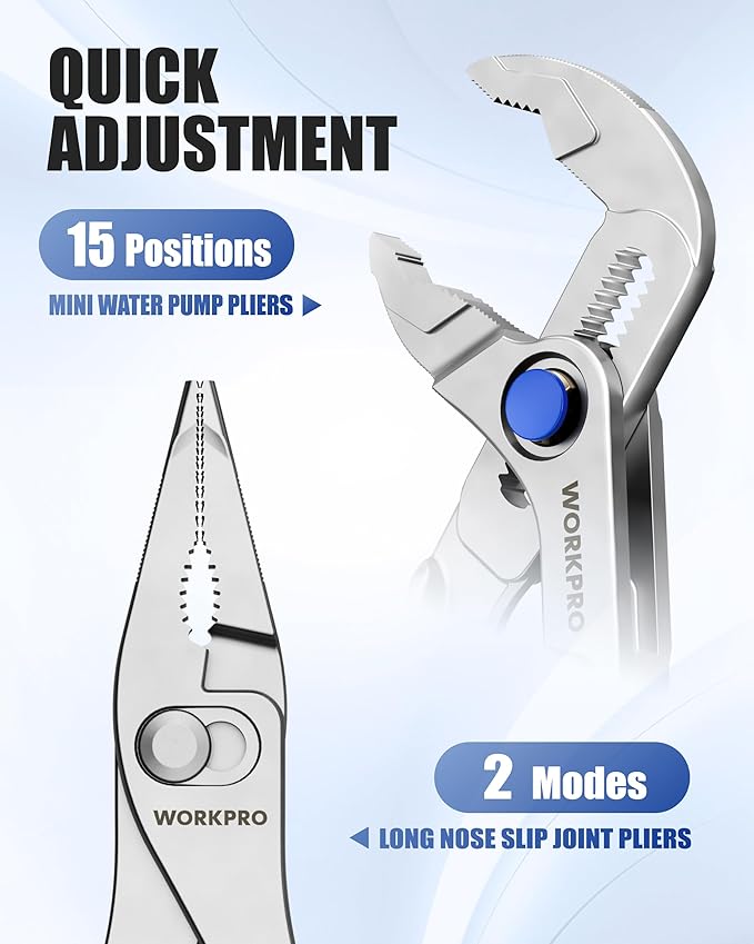 WORKPRO 2-Piece Mini Pliers Set with Pouch, 4-Inch Water Pump Plier & 4.5-Inch Long Nose Slip Joint Plier, Heavy-Duty Alloy Steel Mini Adjustable Plier, EDC Pliers for Tight Spaces & Versatile Use