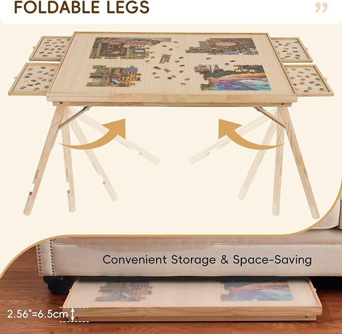 TEAKMAMA 27.6"H 2000Pcs Puzzle Table with Legs,4 Drawers for Adults,Natural | 41" W x 28.5" D Wood Folding Jigsaw Puzzle Board with Protective Cover