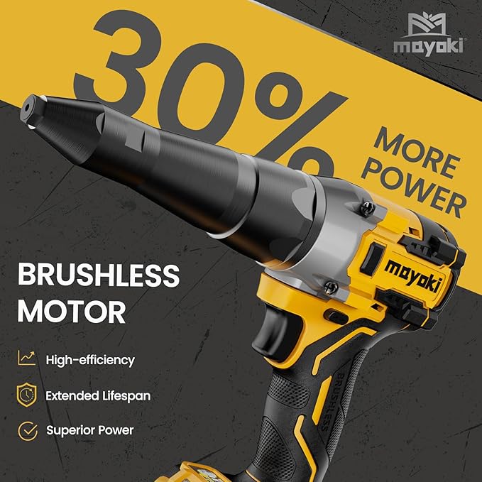 Mayoki Cordless Rivet Gun Compatible with 20V 60V MAX Battery (Tool Only), 2248Lbf Electric Brushless Blind Riveter Tool, Pop Rivet Tool, Heavy Duty Automatic Riveter for 1/8", 5/32", 3/16" Rivets