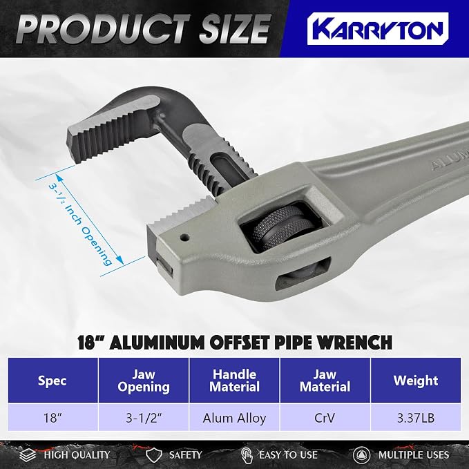18 Inch Aluminum Offset Pipe Wrench, 3.5"/89mm Adjustable Jaw Capacity, Heavy Duty Plumbers Wrench with Drop Forged Steel Jaw(CR-V), Perfect Plumbing Tool Exceed GGG Standard