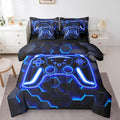 Erosebridal Gaming King Size Comforter Set with Sheets, Neon Honeycomb Gamer 7 Piece Bedding Set Retro Game Console Bed in a Bag, Blue Hexagon Lights Room Decor,Gamer Room Decor for Boys