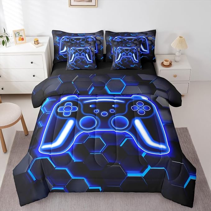 Erosebridal Gaming Queen Comforter Set with Sheets, Neon Honeycomb Gamer 7 Piece Bedding Set Retro Game Console Bed in a Bag, Blue Hexagon Lights Room Decor,Gamer Room Decor for Boys