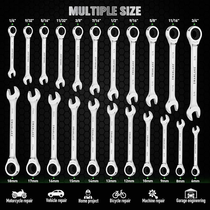 24-Piece Combination Ratchet Wrench Set, Metric (6-18mm) & SAE (1/4''-3/4'') Wrenches Set, 12-Point 72-Tooth Ratchet Spanners with Magnetic Base Organizer, Chrome Vanadium Steel for Auto Mechanic Tool