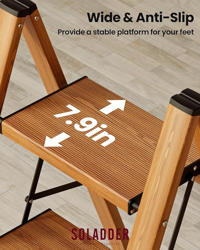 SOLADDER 3 Step Ladder, Folding Aluminum 3 Step Stool with Anti-Slip Wide Sturdy Pedal, Multi-Use for Home and Kitchen Use, Space Saving-Woodgrain(300 lbs Capacity)