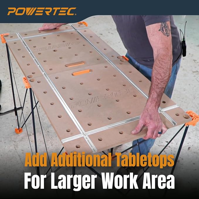 POWERTEC Arachni-Flex 24" x 48" Foldable Workbench Tabletop - Portable Work Surface with Pre-drilled Dog Holes, T-Tracks & Quick-Insert Locks for Arachni Flex Woodworking Collapsible Workstand (72034)