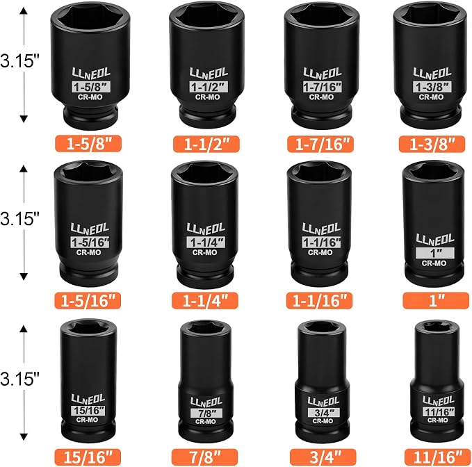 LLNEDL 3/4 Inch Drive Socket Set, 12Pcs Impact Deep/Jumbo Sockets, Standard SAE 11/16" to 1-5/8", 6-Point CR-MO Heavy-Duty Big Socket Set for Large Vehicle & Equipment Maintenance