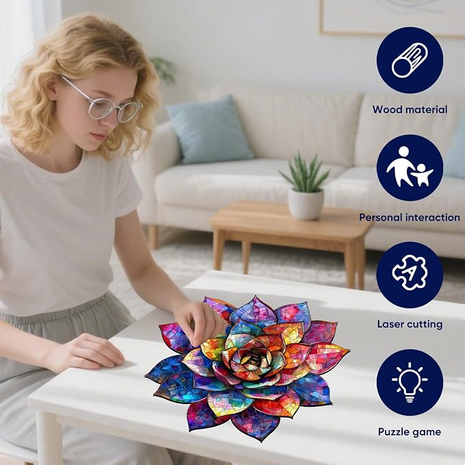 Delobil Wooden Puzzles for Adults 500 Pieces, Stained Glass Succulent Jigsaw Puzzles, Unique Shaped Plant Puzzle Gift for Kids, Family Puzzle Game, 16.5 x 16.3 Inches
