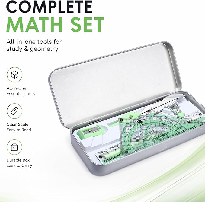 Compass Geometry Tool 9 Pcs Protractor and Compass Set Geometry Set Drawing Compass with Shatterproof Storage Box Includes Rulers Protractor Compass Eraser Pencil Sharpener Green