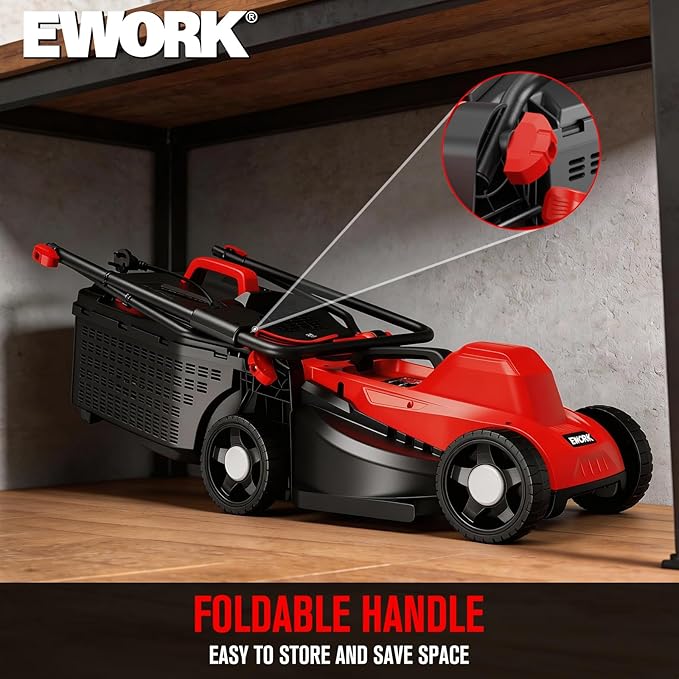 EWORK Corded Electric Lawn Mower 14-Inch, 11Amp Electric Push Mower with 30L Collection Bag, 4-Height Adjustment, Lightweight Lawnmower for Garden, Yard