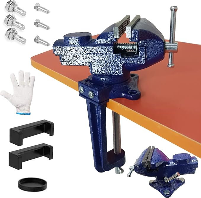 2-in-1 Dual-Purpose Combined Bench Vise or Table Vise, With end-point locking device, Portable Universal Rotate 360° Work Clamp-On Vise, 3.2" Blue