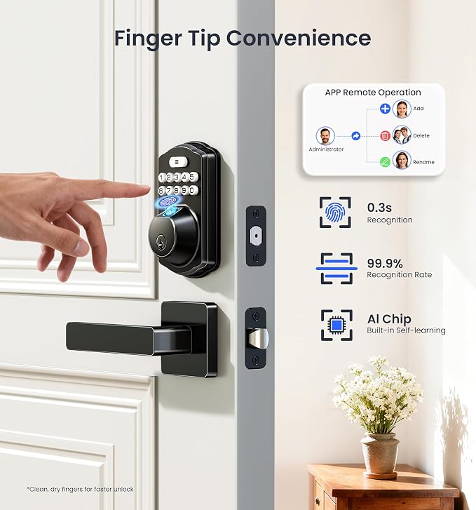 Veise VE012W-L WiFi Fingerprint Deadbolt Lock with Handle Set, Matte Black | Built-in WiFi, APP Remote & Voice Control, Real-time Alert, Smart Keyless Entry for Front Door, Back-Lit Keypad, Auto Lock