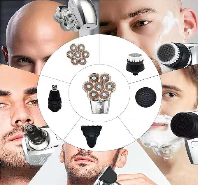 Electric Head & Body Hair Shaver - Mens Cordless Rechargeable Wet/Dry Skull Bald Head Back & Groin Waterproof Razor with Rotary Blades, Clippers, Nose Trimmer, Brush, Massager (Silver) | 𝟕𝐃 𝐅𝐥𝐨𝐚𝐭𝐢𝐧𝐠 Electric Razor with Magnetic Removable Head...