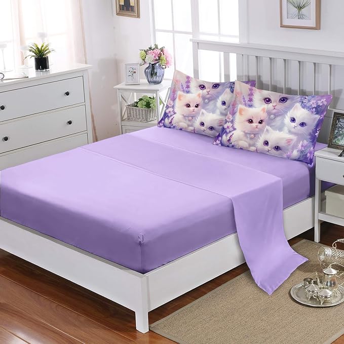 Cat Bedding 7 Piece Comforter Set King Size,Cute Animal Themed Bed Set for Girls Room Decor,Kids Bedding with 1 Comforter,1 Flat Sheet,1 Fitted Sheet,4 Pillowcases.