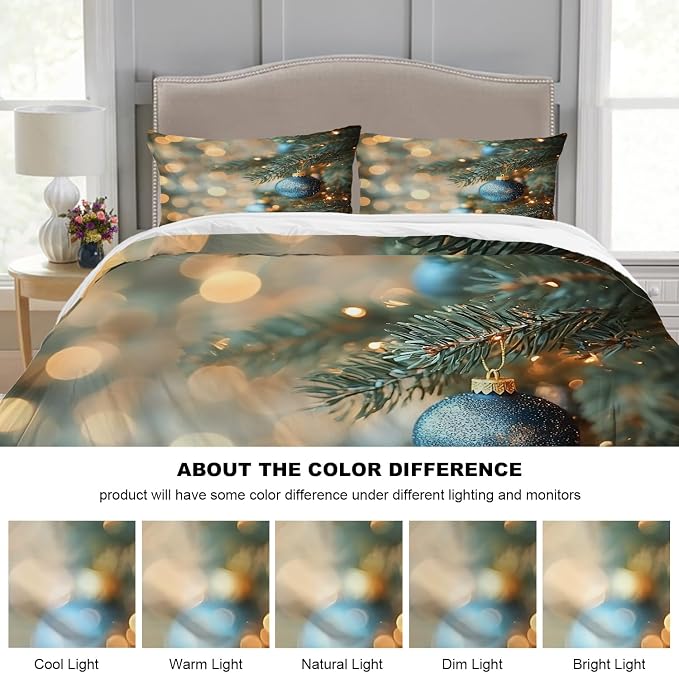Batmerry Christmas Tree King Size 100% Cotton Duvet Cover Sets, Blue Baubles Fir Branches Bedding Set with Zipper Closure Corner Ties, 3 Pieces (1 Cover + 2 Pillowcases No Comforter)