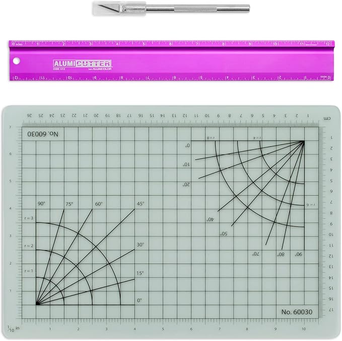 Alumicolor Cut-and-Measure Set w/Hobby Blade, Self-Healing Mat & AlumiCutter Ruler, 12IN, Purple