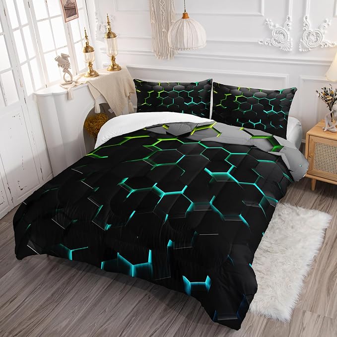 Geometric Green Black Neon Comforter Set,Light Honeycomb 3 Piece Bedding Set King for Teen Boys,Modern Bedding Quilt Set Geometry Decor,Microfiber Lightweight 1 Comforter 2 Pillowcases All Season