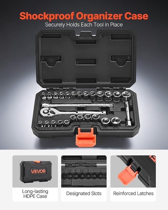 VEVOR Socket Set, 27 Pieces, 1/4 inch Drive Socket and Ratchet Set, SAE and Metric, Mechanic Tool Kit with Ratchet Wrench, Extension Bar and Storage Case, CR-V Alloy Steel, for Automotive Repair | Mechanic Tool Kit with Ratchet Wrench, Extension Bar an...
