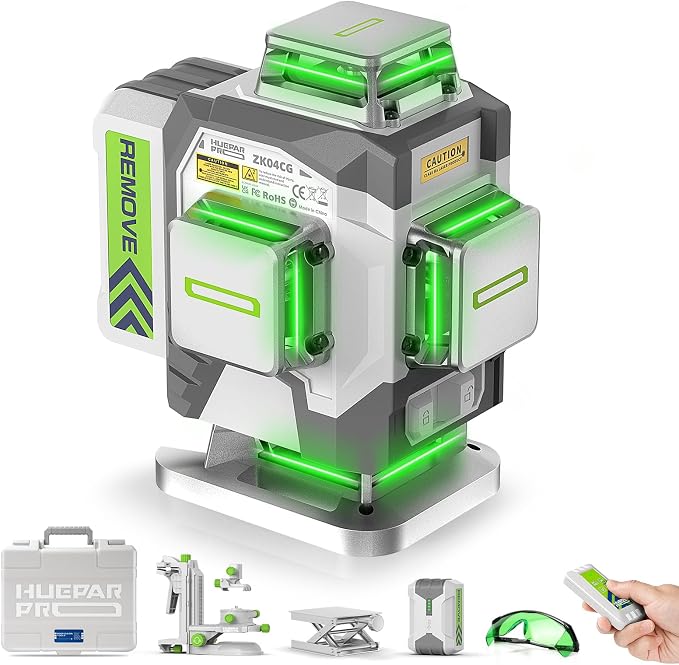 Huepar Pro Laser Level 360 Self Leveling, 4x360° Green Cross Line Laser Tool with Remote Control & Rechargeable Battery, High Accuracy 4D Laser for Construction, Magnetic Bracket -ZK04CG
