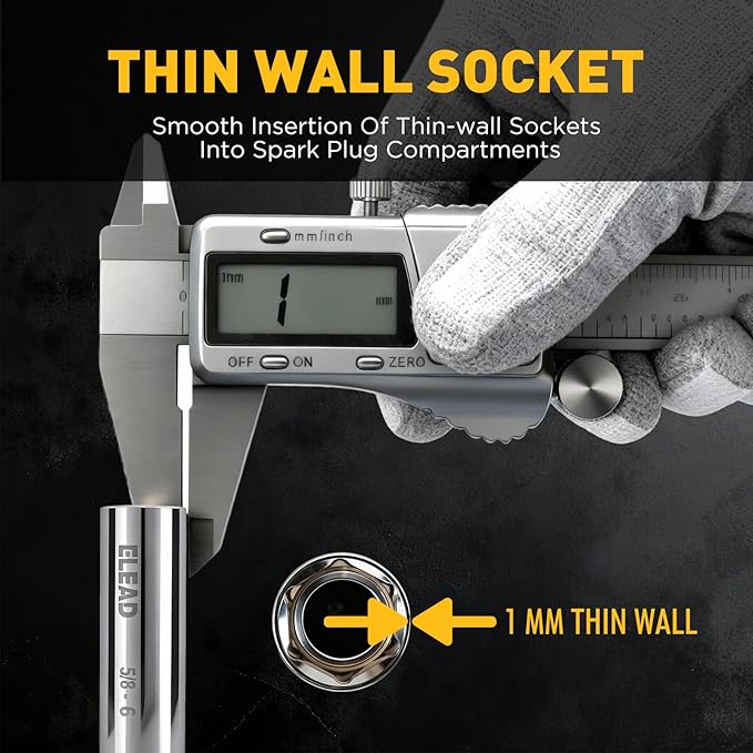 5/8" Swivel Magnetic Spark Plug Socket, 3/8" Drive x 6" Total Length, Thin Wall Spark Plug Removal Tool, 360 Degree Swivel, Enhanced Magnetic, 6-Point Design, Cr-V Steel