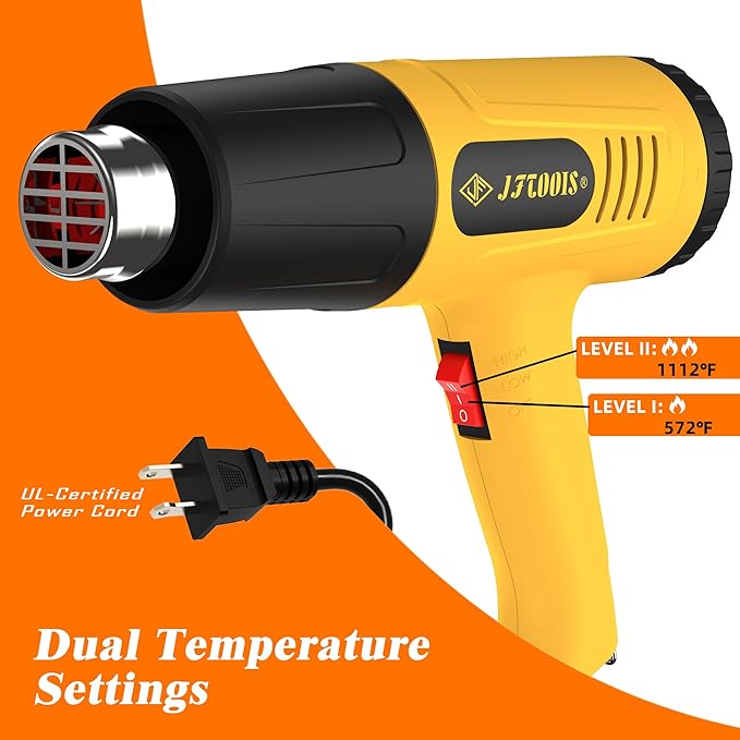 Heat Gun 1300W for Vinyl Wrap,Crafting,Shrink Tubing,Paint,Epoxy Resin,Candle Making,Adjustable Temperature,Overload Protection Hot Air Gun Kit Nozzles (Yellow, Two-Gear Button Temperature Control)