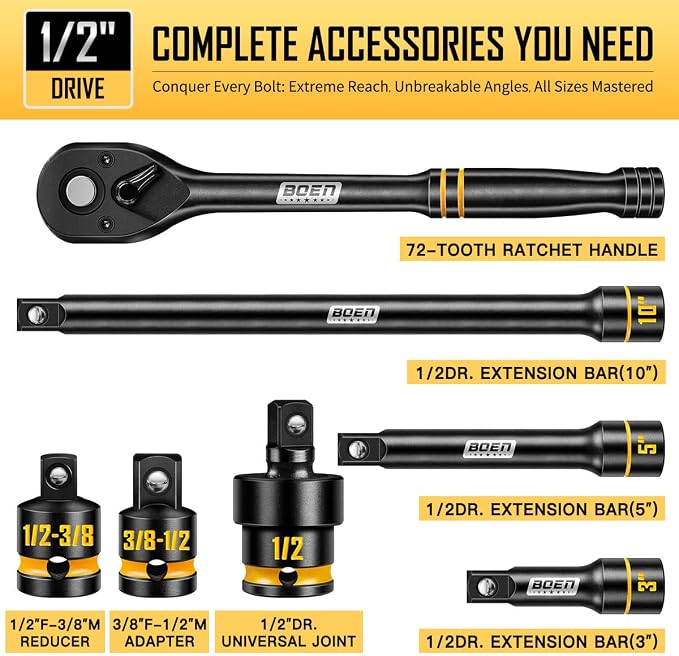 BOEN 1/2" Drive Impact Socket Set, 65-Piece Standard SAE (3/8" to 1-1/4") & Metric (10mm-24mm) Deep & Shallow Socket with Embossed Painted Marking, Includes Adapters, Ratchet Wrench, Extension Bars